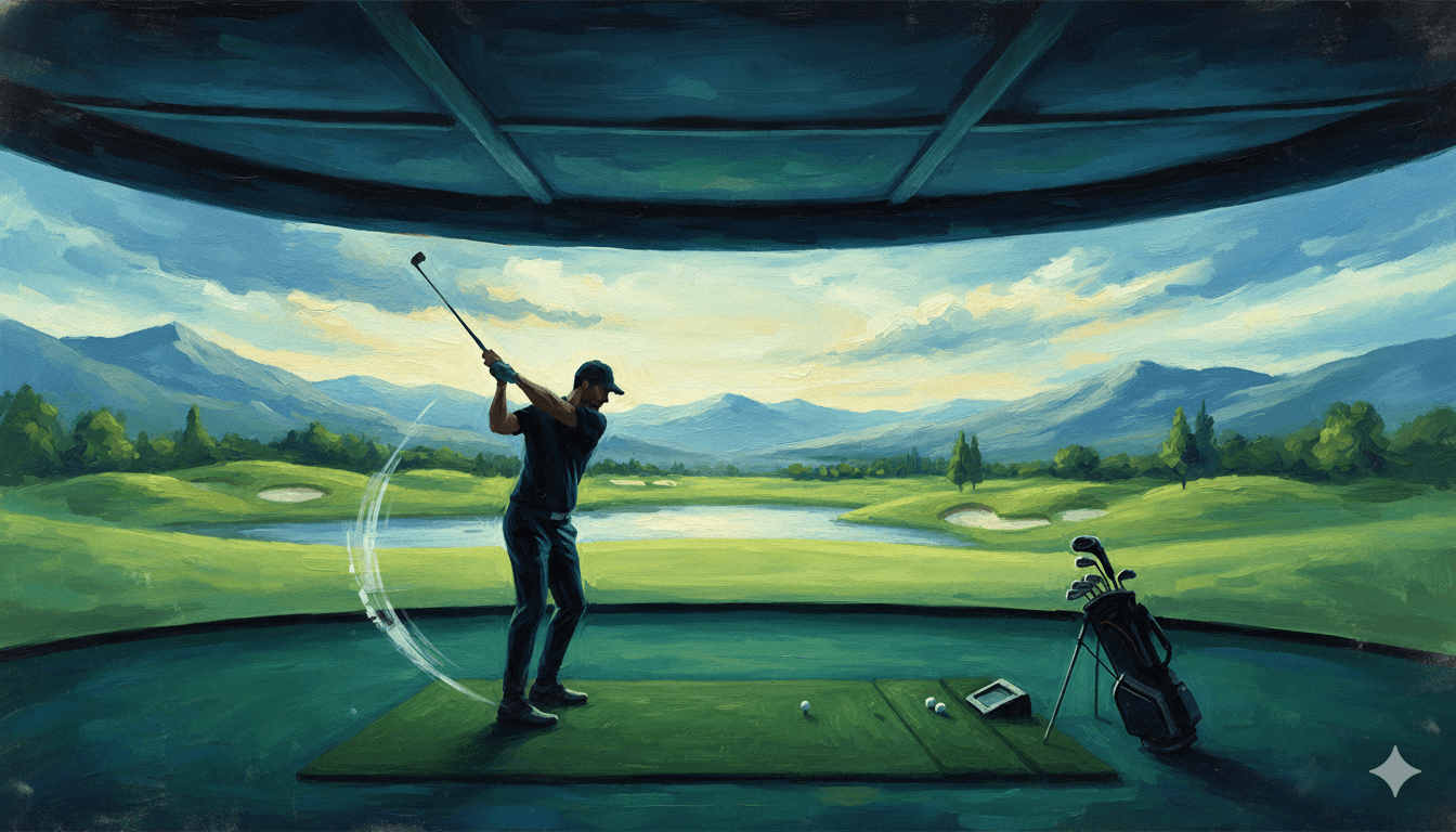 People playing golf at an indoor golf simulator with screen and technology